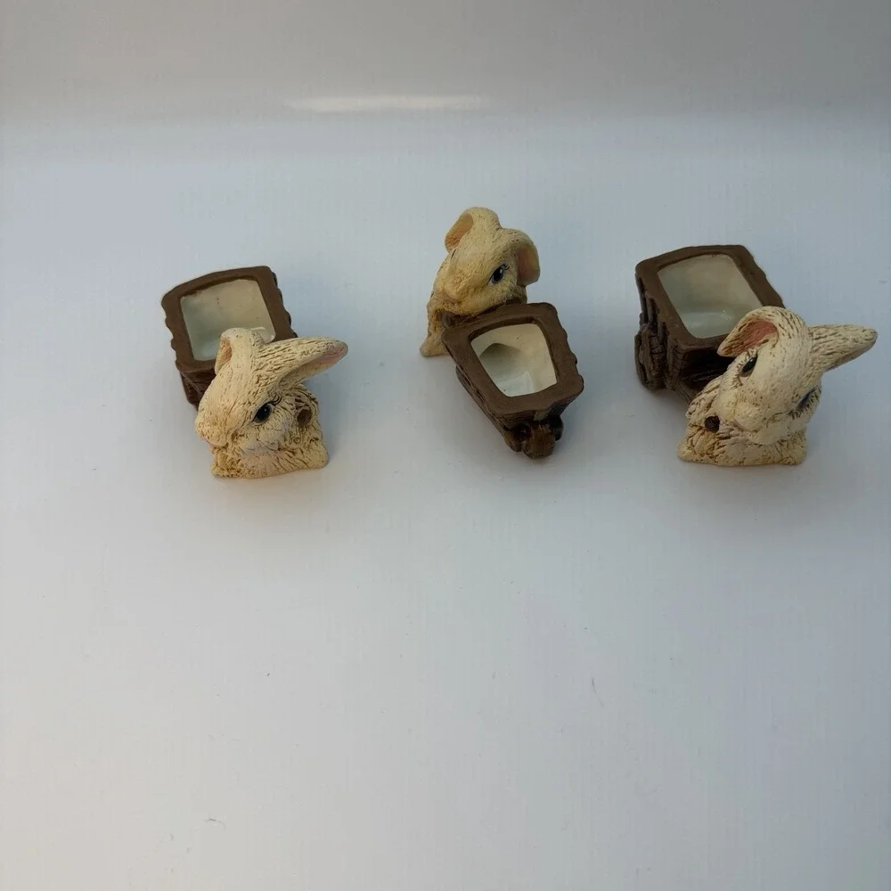 Lot of Three Rabbit Figurines‎ Stone Resin Ceramic Brown Tan Small Wheelbarrow